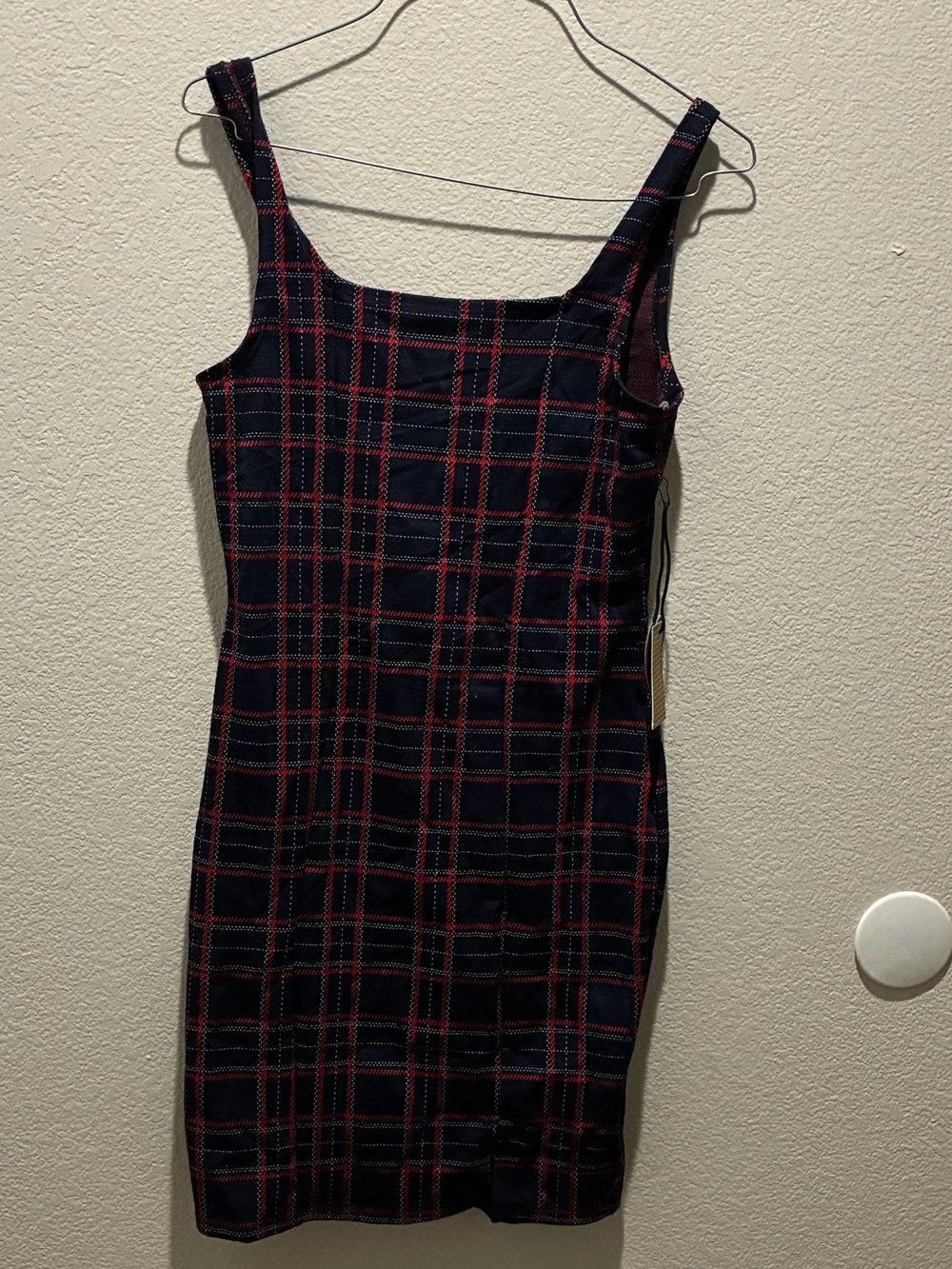 Popular Basics Navy Plaid Sleeveless Bodycon Dress with Red Check